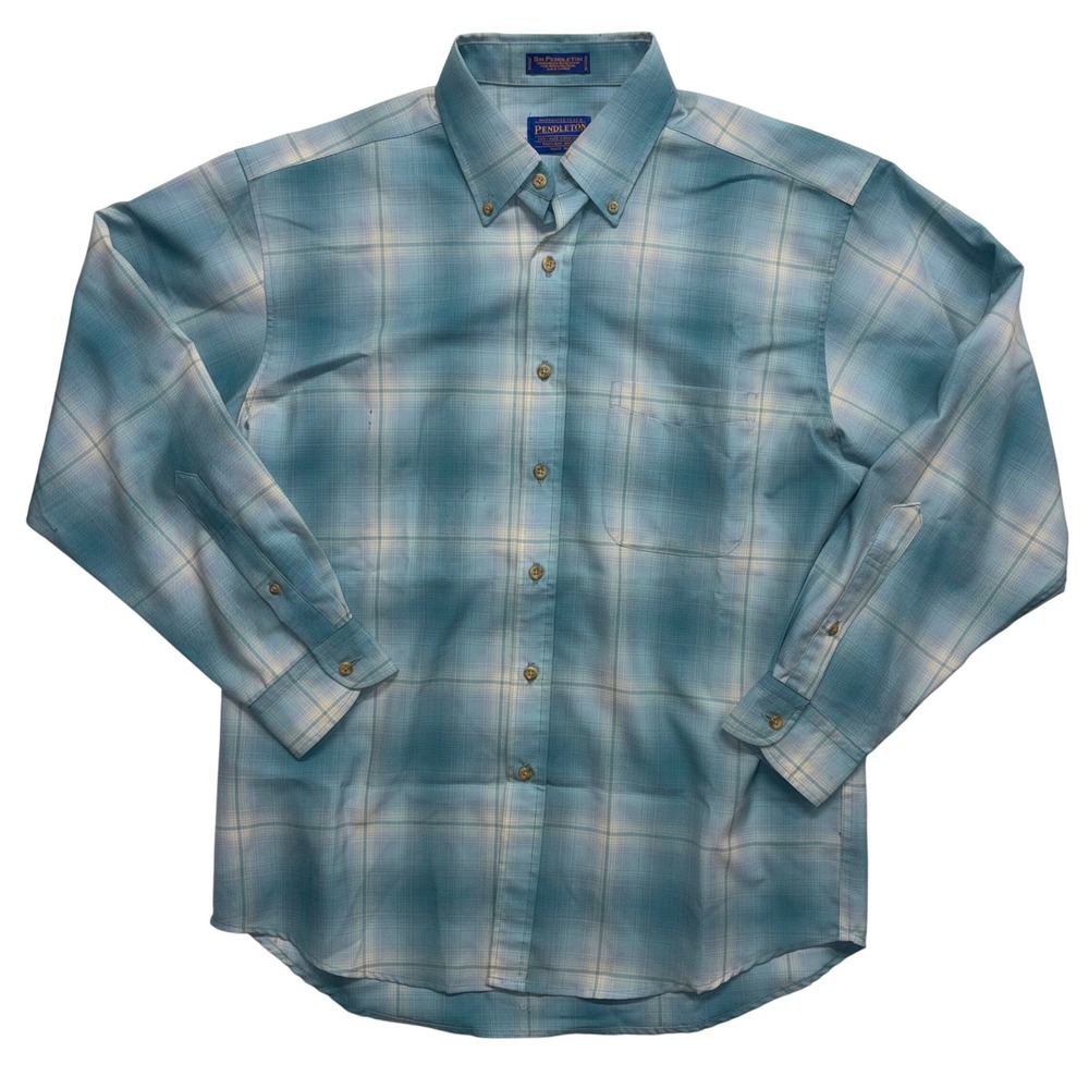 FLAWS Sir Pendleton Mens Blue Plaid Worsted Wool Button Down Shirt Large